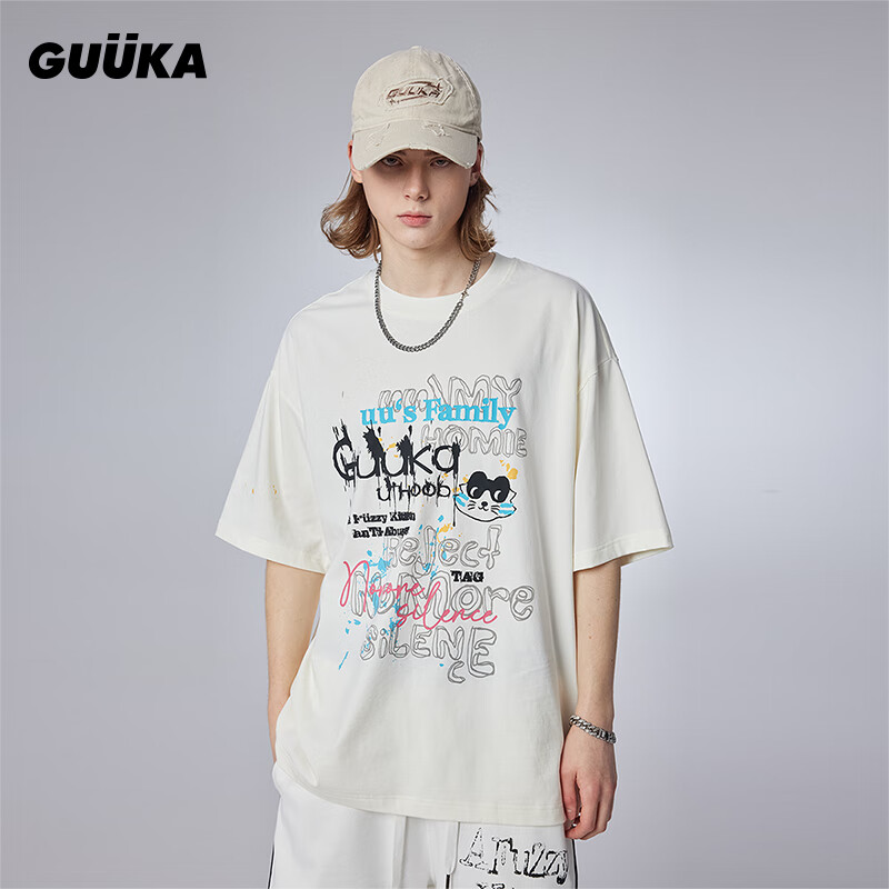 古由卡（GUUKA）潮牌猫系列可爱短袖T恤男夏 休闲简约纯棉上衣宽松百搭 奶油白F4631 XXL