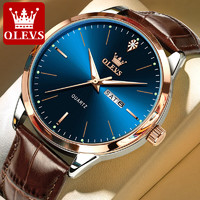 OLEVS 歐利時 品牌瑞士認證原裝男士手表超薄簡約時尚夜光防水皮帶石英手表男表 棕皮玫殼藍面-送皮帶