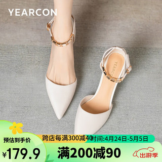 YEARCON 意尔康 包头女凉中空尖头单鞋一字扣带高跟鞋女细跟 29970W 米白 38