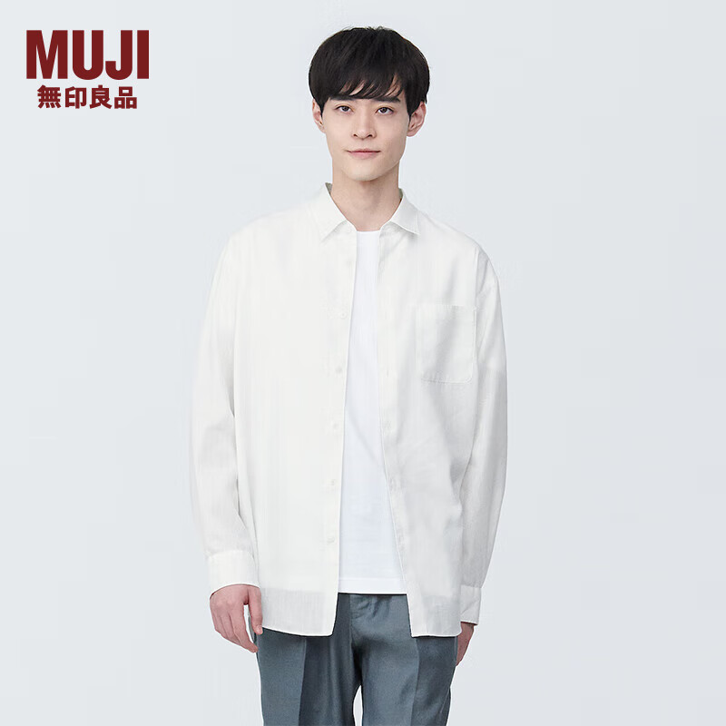 无印良品 MUJI 男式 麻混 长袖衬衫 男士衬衣外套 早春 AC1XAA4S 白色 S 165/84A