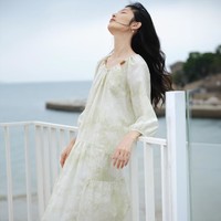YIGUE 亦谷 新中式国风连衣裙女2024薄款夏季垂感领口镂空设计碎花裙子女