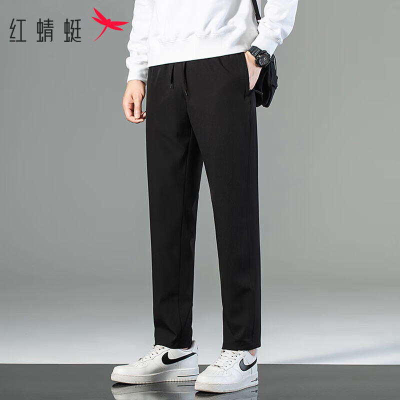 红蜻蜓休闲裤男2024春季百搭直筒裤子男士舒适透气宽松运动男裤 黑色 XL