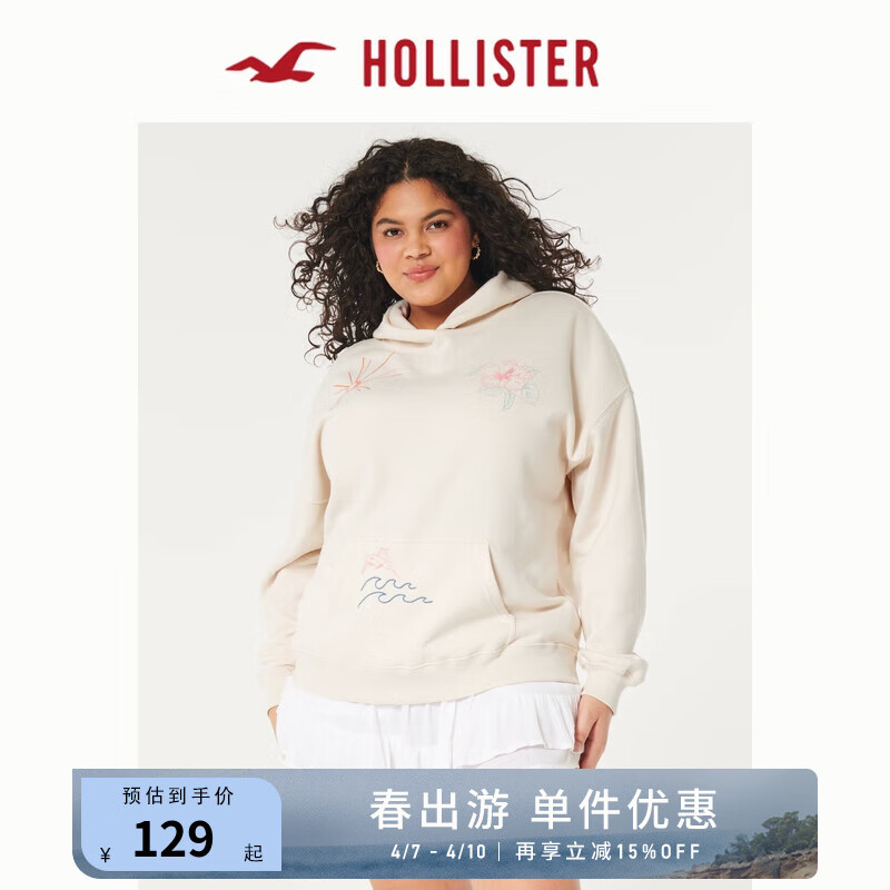 HOLLISTER24年春夏美式宽松抓绒刺绣图案帽衫卫衣女 357404-1 奶油色 S (165/88A)