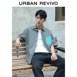 URBAN REVIVO UR夏季新款男装潮流条纹撞色方形贴袋棉宽松衬衫UMV232024 黑色条纹 L