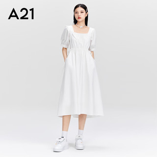 A21 女装气质连衣裙女2023夏季新款法式方领收腰短袖黑色中长裙 米白 M