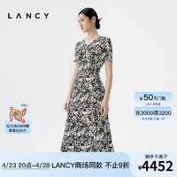 朗姿/LANCY2024夏季印花修身高级感真丝连衣裙女V领收腰裙子 夜幕黑色 S