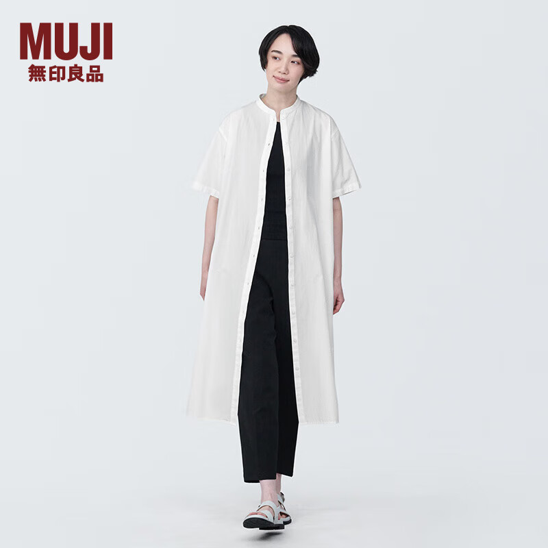 无印良品（MUJI）女式 凉感平纹立领短袖连衣裙女装裙子长裙衬衫裙开衫外搭纯棉 白色 XL (165/92A)