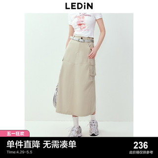 LEDIN 乐町 工装口袋长款半裙24夏季新款甜酷长裙休闲挺括米色A字半身裙