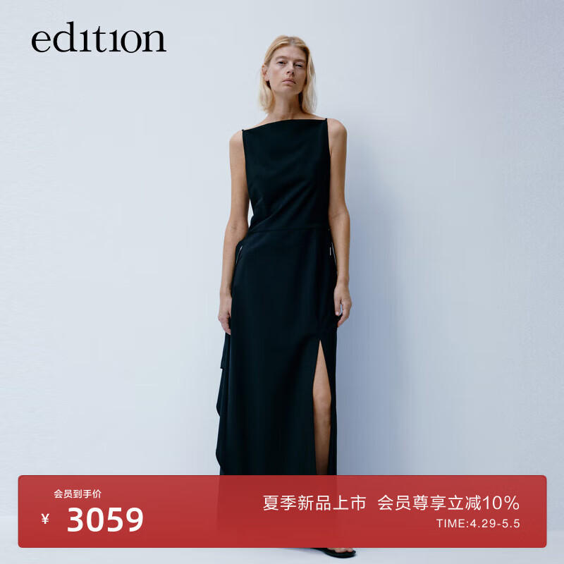 edition【P系列】2024夏时尚解构一字肩无袖黑色西装连衣裙 黑色  L/170
