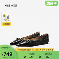 NINE WEST 玖熙 复古平底单鞋女马衔扣皮革压花纹浅口鞋NH251020CK 黑色 38