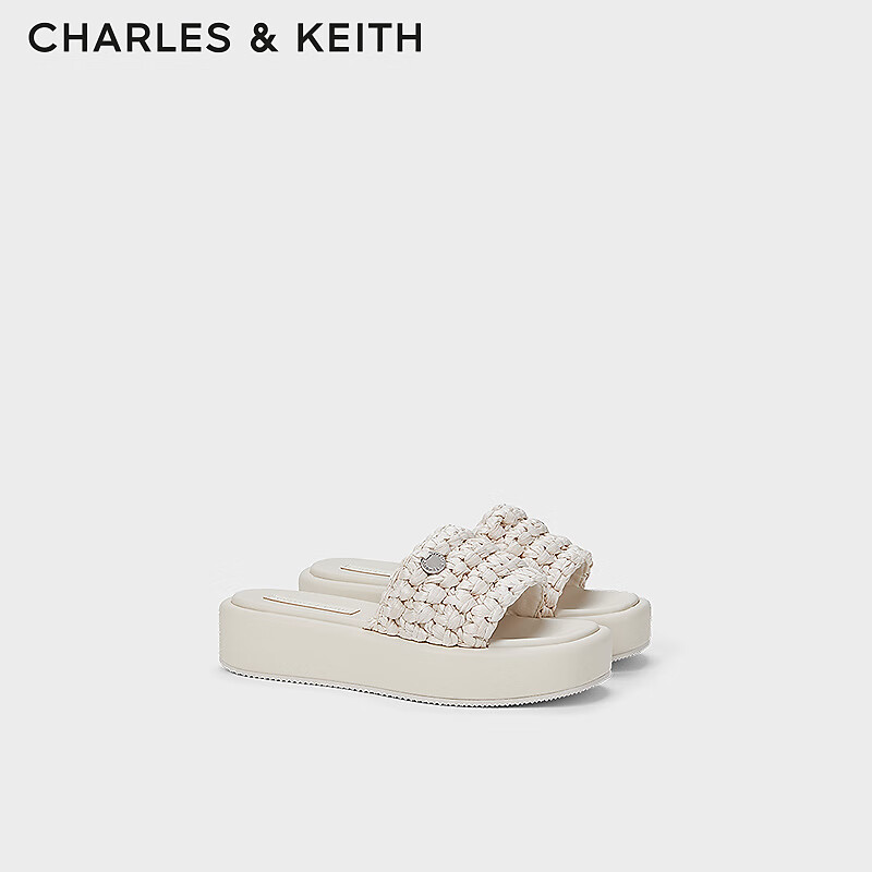 CHARLES&KEITH24夏织外穿沙滩一字拖鞋厚底女CK1-80380076 粉白色Chalk 35