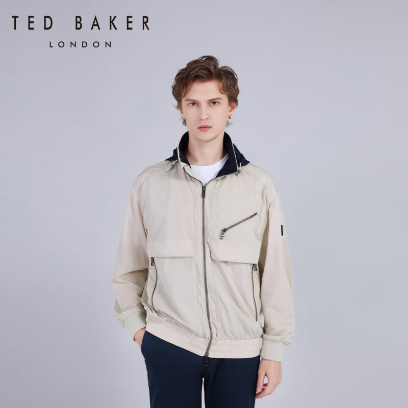 Ted Baker2024春夏男士休闲微皱感拉链立领藏帽夹克C41525 卡其色 4