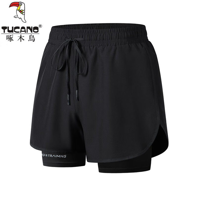 啄木鸟（TUCANO）运动短裤男女同款夏季跑步马拉松假两件三分裤XY 黑色 XL