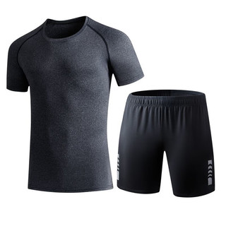 运动套装男速干跑步健身短袖透气短裤夏季冰丝T恤篮球上衣训练服 浅灰色 L