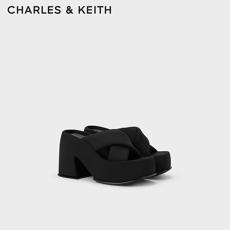 CHARLES&KEITH24春交叉带厚底高跟外穿凉拖鞋女CK1-80580145 BLACK TEXTURED黑色纹理 36