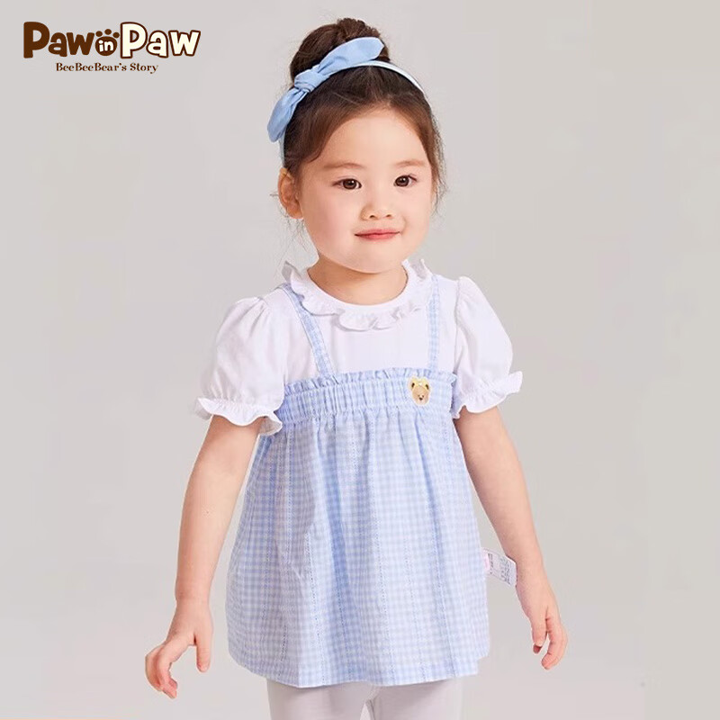 PawinPaw卡通小熊童装24夏季女宝宝假两件格纹短袖 Blue蓝色/50 110