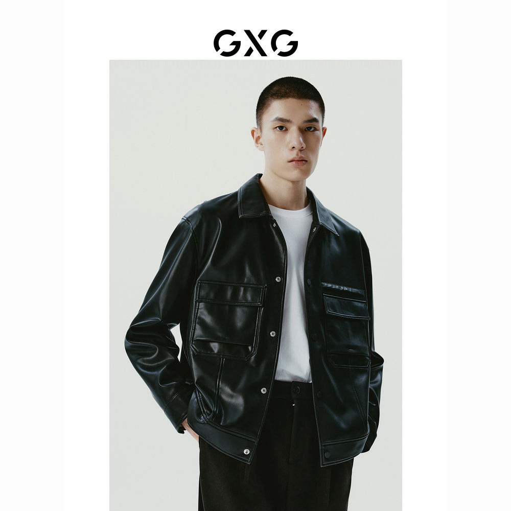 GXG男装  黑色口袋设计简约时尚翻领皮衣夹克外套 23年冬季