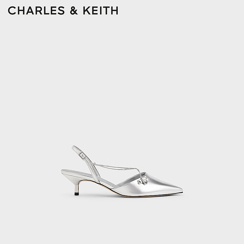 CHARLES&KEITH24夏尖头细跟后空交叉链条凉鞋女CK1-61720188 Silver银色 34