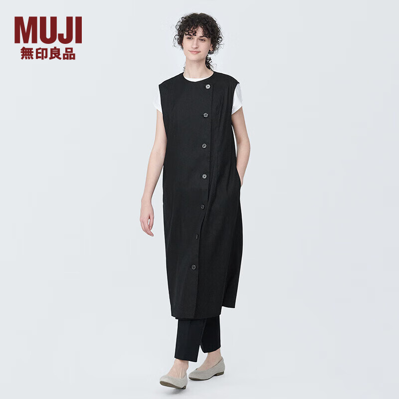 无印良品（MUJI） 女式 麻混 弹力 背心连衣裙 女装裙子夏季 早春 BC2IHC4S 黑色 L (165/88A)