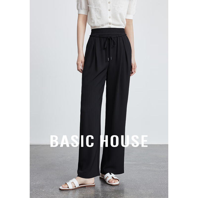 百家好（Basic House）夏季薄款垂感直筒显瘦高腰休闲裤-B0624H5M672 曜石黑 S