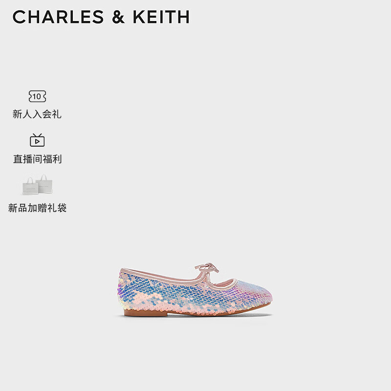 CHARLES&KEITH24夏季亮片蝴蝶结儿童玛丽珍鞋CK9-70380002 粉红色Pink 28码