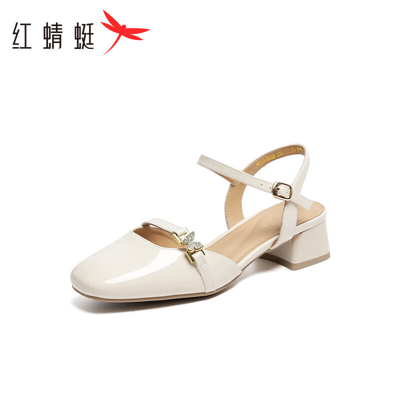红蜻蜓时尚凉鞋2024夏款优雅一字带粗跟气质包头空鞋 WFV24033米白色34