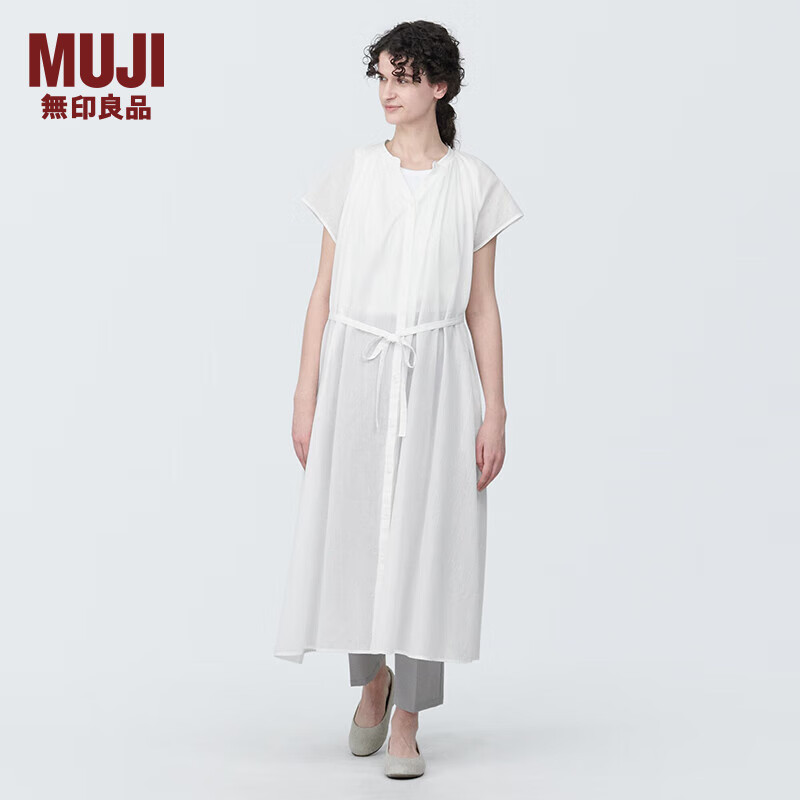 无印良品（MUJI） 女式 强捻 法国袖 连衣裙 女装裙子夏季 纯棉全棉 BC2JGC4S 白色 L(165/88A)