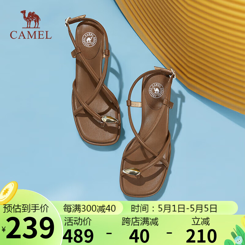 骆驼（CAMEL）时装凉鞋女清凉交叉带戒扣夹趾粗跟搭扣凉鞋 L24M051631 棕色 36