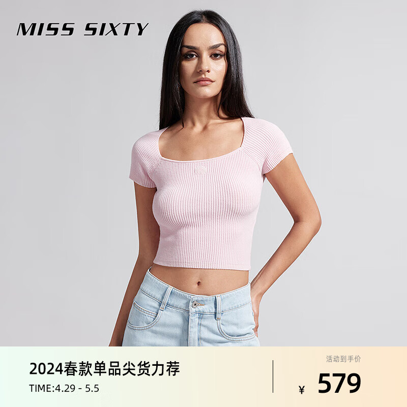 MISS SIXTY2024夏季针织衫女套头方领修身显瘦辣妹风含桑蚕丝 粉红 L