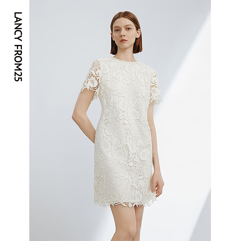 朗姿法式蕾丝气质短袖收腰高级感设计感连衣裙2024夏季裙子女 白色 2XL