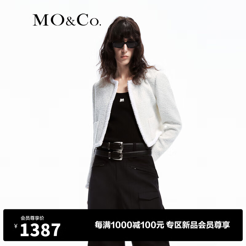 MO&Co.2024春短款垫肩小香风织镶边粗花呢外套MBD1COTT12 本白色 XS/155