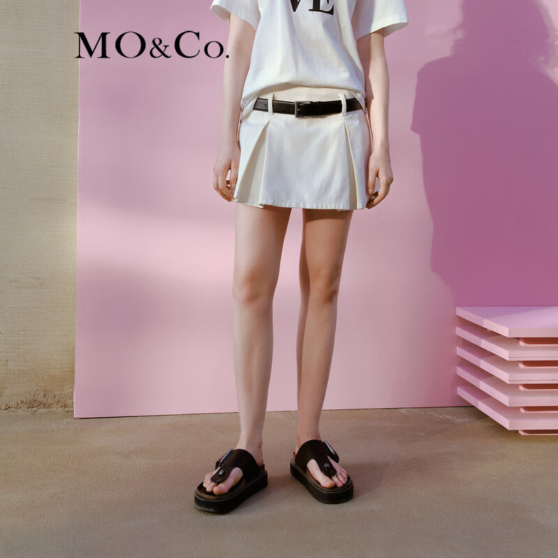 MO&Co.2024夏中低腰压褶牛仔裤裙裤短裤(附腰带)MBD2SOT028 牛仔白色 26/S