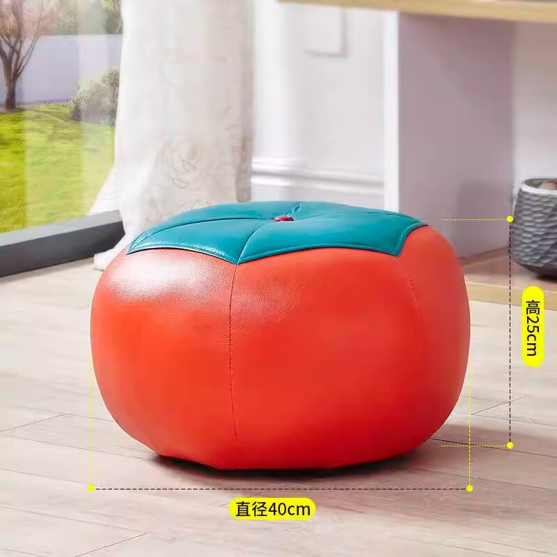 惠庭萱小凳子家用沙发矮凳圆凳换鞋凳可爱卡通墩子板凳客厅茶几实木皮凳 蓝叶西红柿小皮凳