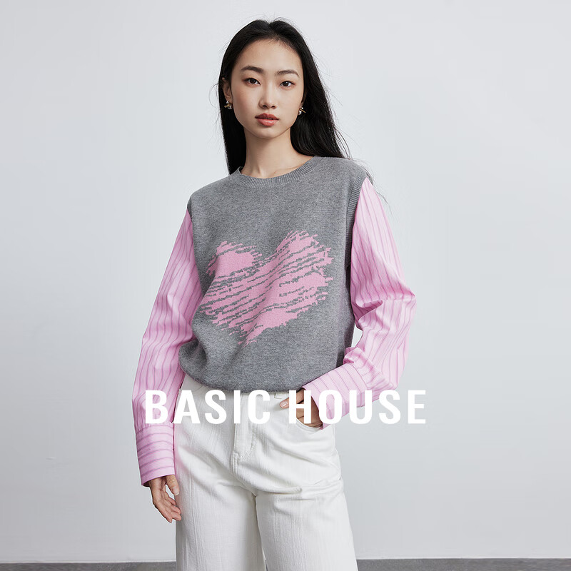百家好（Basic House）假两件拼接针织衫春季撞色圆领长袖上衣女-B0624H5P662 粉色 S85-105斤