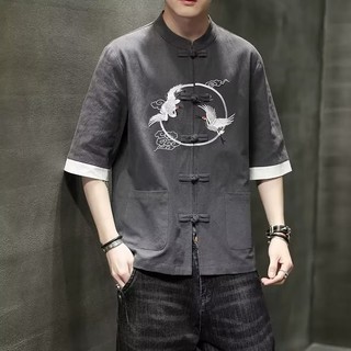 迈迪萨 男夏季中国风唐装中袖亚麻衬衫