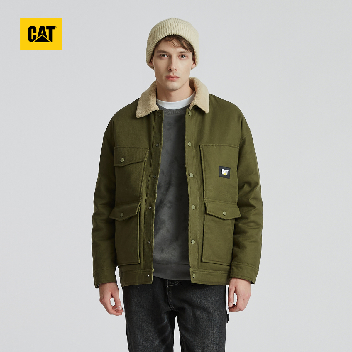 CAT卡特男士户外休闲翻领多口袋短款工装厚夹克外套