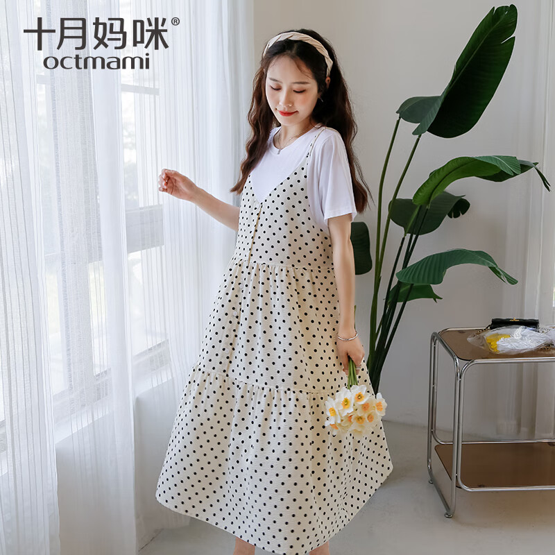 十月妈咪连衣裙夏季假两件印花韩版宽松短袖连衣裙 白色波点 均码