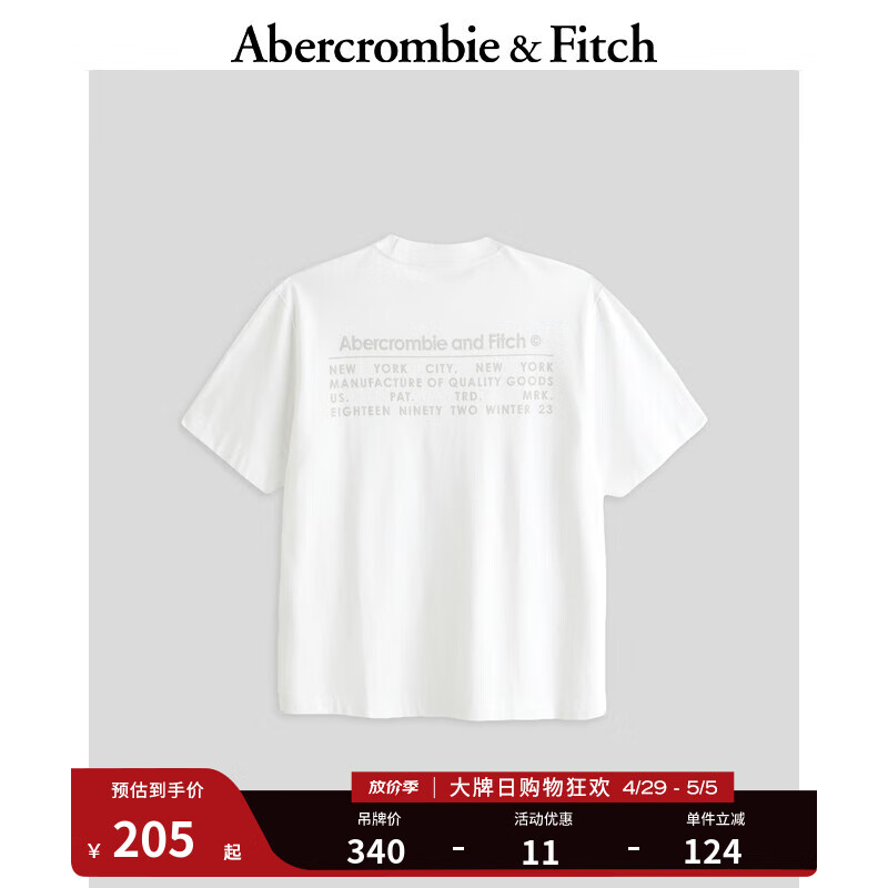 ABERCROMBIE & FITCH男装女装装 24春夏 美式风复古T恤 359280-1 白色 XXL (185/124A)