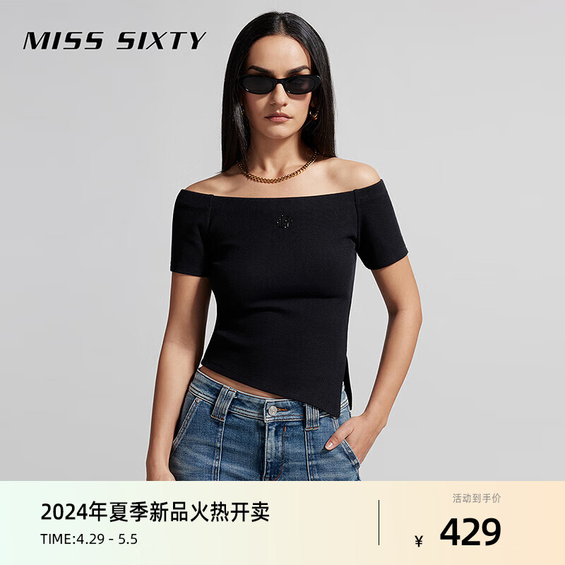 MISS SIXTY2024夏季T恤女露肩一字领性感修身不对称下摆辣妹 黑色 XS