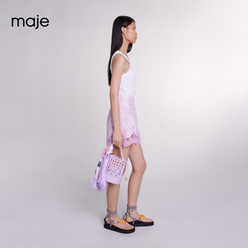 Maje2024春夏女装法式时尚甜美蕾丝拼接短裤休闲裤MFPSH00561 紫色白色 T34