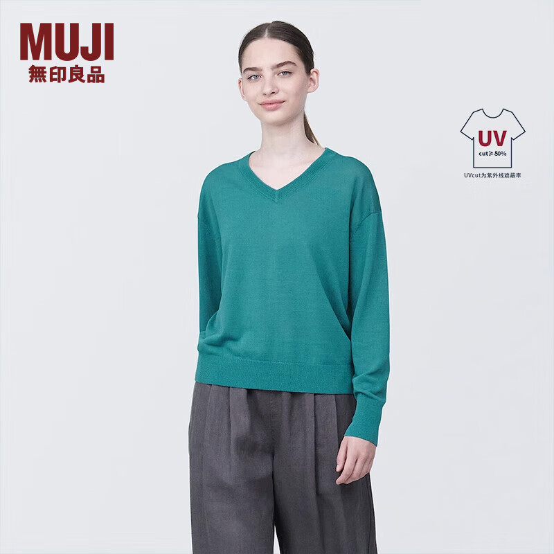 无印良品（MUJI） 女式 防紫外线麻混V领毛衣 长袖 针织衫 女款 防晒衣 BA1OHA4S 深绿色 S 155/80A