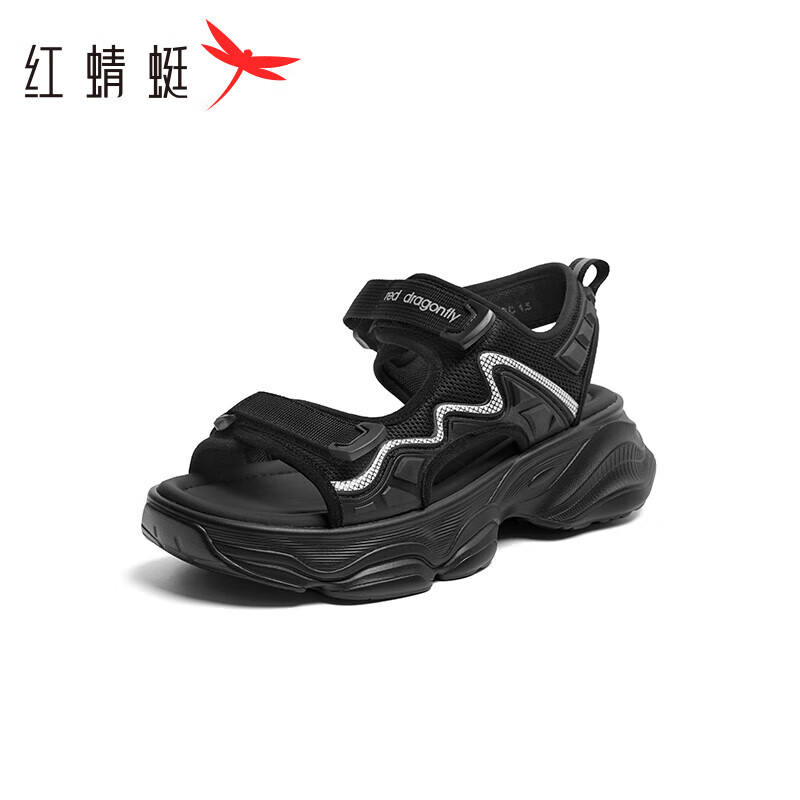 红蜻蜓运动凉鞋女24夏款增高厚底魔术贴休闲凉鞋 WBK24110黑色38