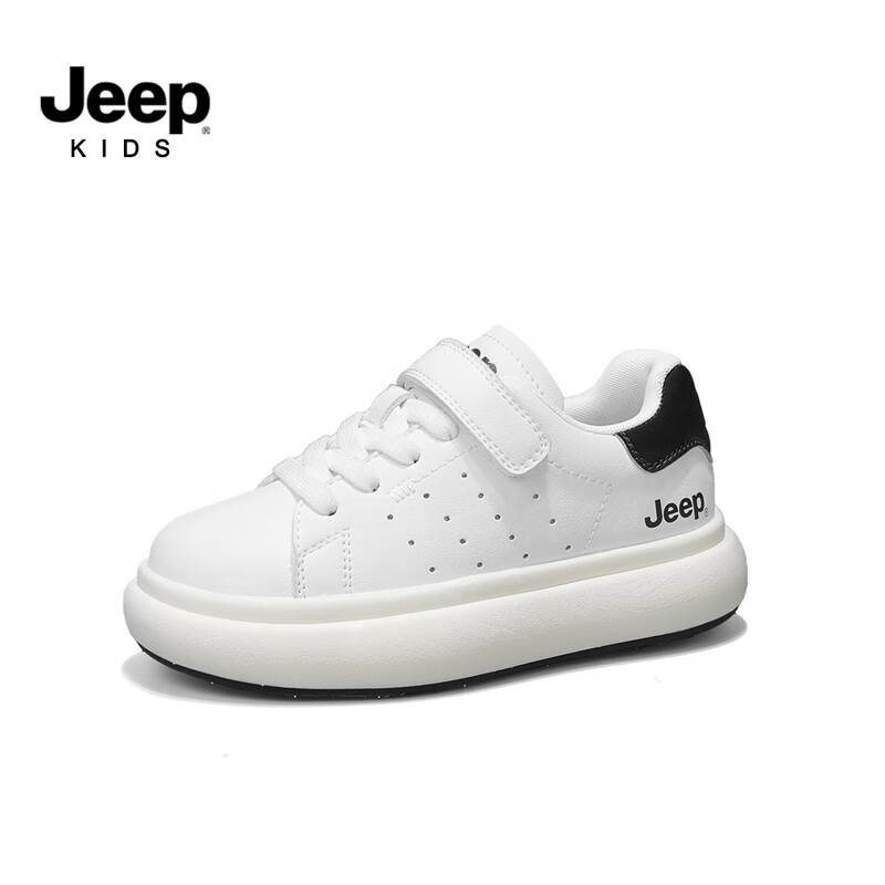 Jeep吉普儿童小白鞋男女童2024春季童鞋休闲运动鞋防滑板鞋 白黑 31码 鞋内长约19.8cm