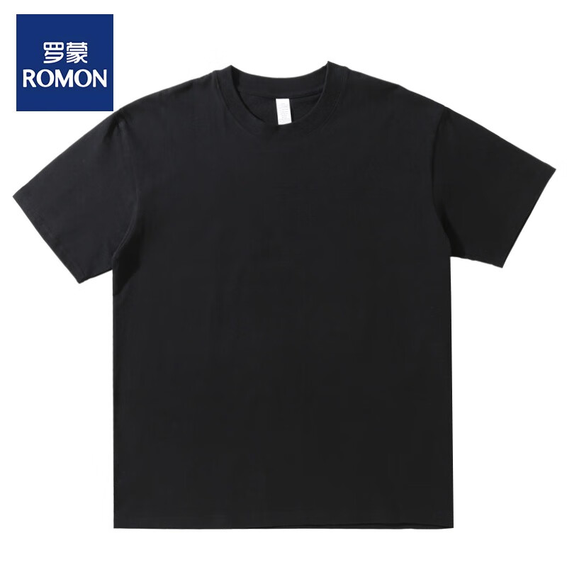 罗蒙(ROMON)【雷总同款】纯棉短袖t恤男士纯色圆领短袖宽松透气文化衫 活性黑 XL（160~180斤）