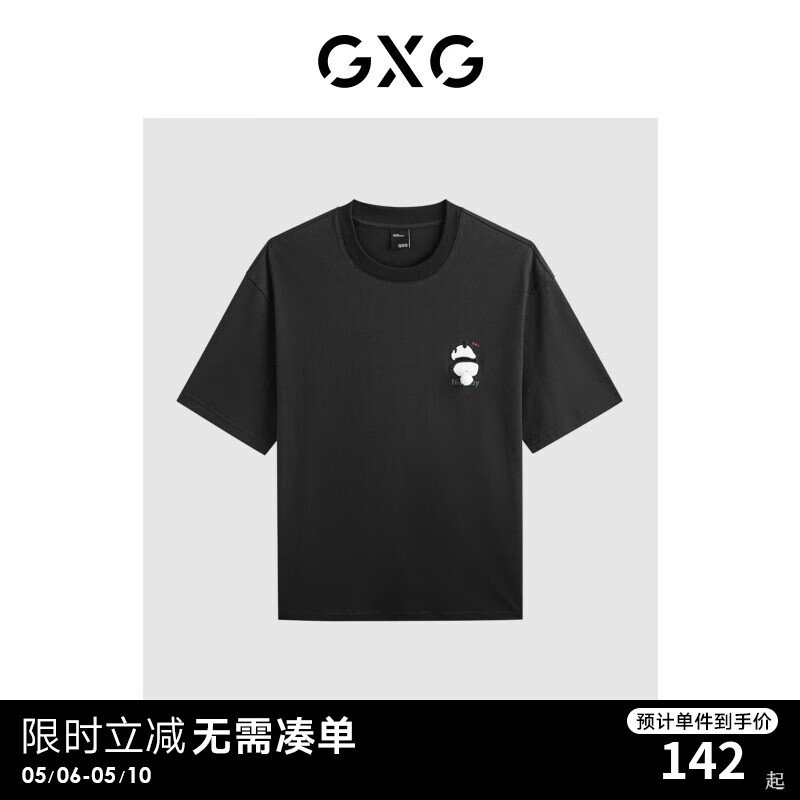 GXG男装    多色熊猫图案休闲宽松圆领短袖T恤男生上衣 24夏 黑色 170/M