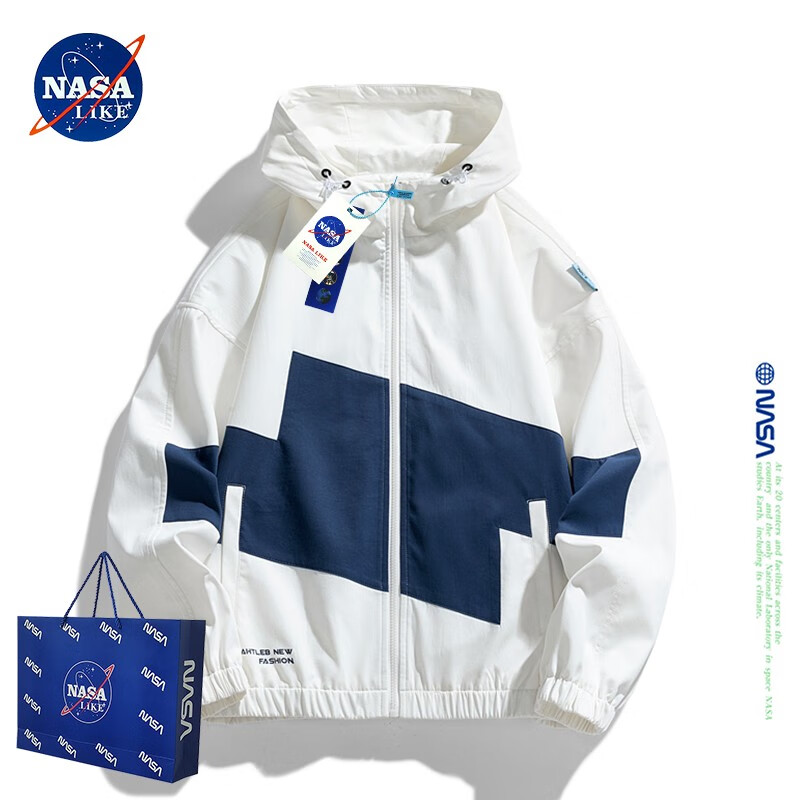 NASA LIKE潮牌外套男秋春季宽松夹克休闲连帽拼色上衣服工装冲锋衣 白色 XL  130-145斤