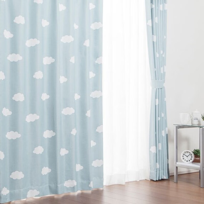 NITORI宜得利家居 现代卧室简约阳台窗帘 半窗帘 白云 蓝色(单开)宽*高 101-200x231-250(cm)
