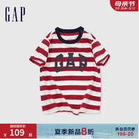 Gap男幼童2024夏季纯棉logo撞色条纹短袖T恤儿童装上衣890229 红白条纹 100cm (2-3岁)偏小，选大一码