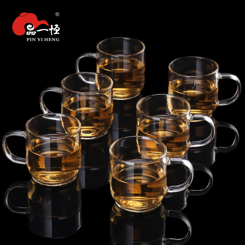 品一恒（PINYIHENG）带把玻璃小茶杯大容量家用透明品杯功夫茶具配件耐热品茗杯平底杯 70造型（六只装）（200ML）