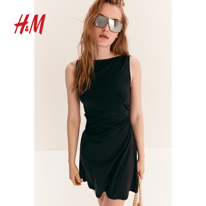 H&M2024夏季女装时尚休闲喇叭裙摆碎褶连衣裙1219245 黑色 155/80A XS 155/80 XS